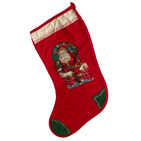 Vintage Quilted Christmas Stocking Santa w Pipe Chimney Toy Bag Handmade 14 Inch - Picture 2 of 6